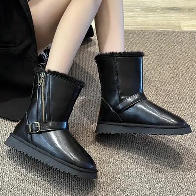 Ботинки челси на платформе с мехом, женские теплые повседневные туфли на плоской подошве для женщин, зимние ботинки из плюша и хлопка с боковой молнией из искусственной кожи