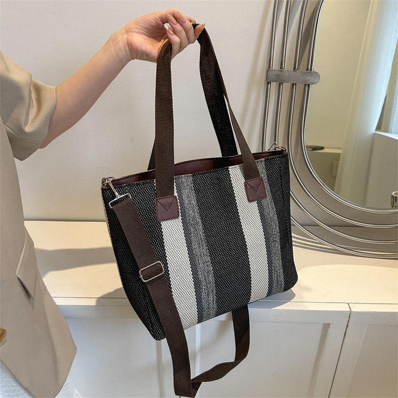 Big Bag Women's Fashion Striped Canvas Commuter Tote Stylish One-shoulder Crossbody Mommy Bag