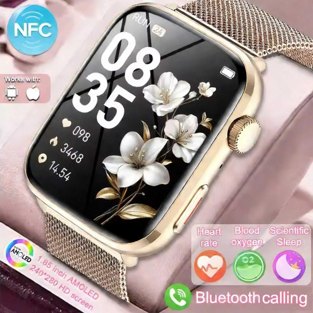 Умные часы 1,85 дюйма AMOLED Экран Женские Bluetooth Звонки NFC Пульс Давление Кислород в крови Женские Сон Умные часы 2026