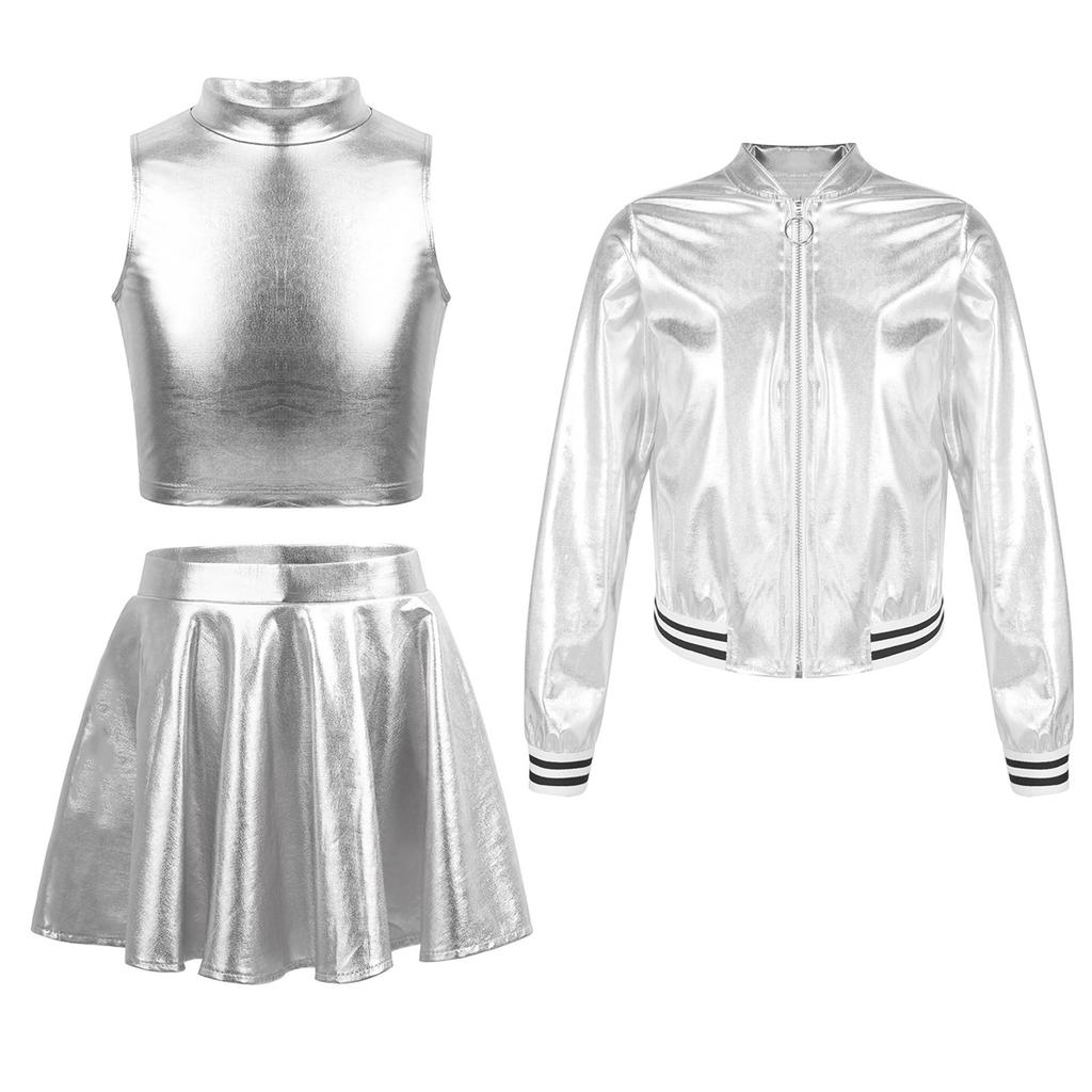 Kids Girls 3-Piece Dance Set Metallic Sleeveless Crop Top Skirt and Stand Collar Zipper Jacket