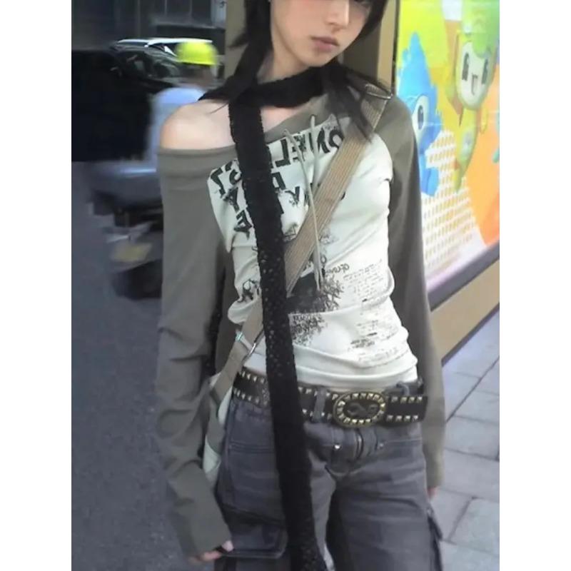 Японские футболки в стиле Y2k, женские футболки с открытыми плечами в стиле гранж 90-х годов, хлопковые графические топы, винтажные футболки с длинными рукавами в стиле Харадзюку