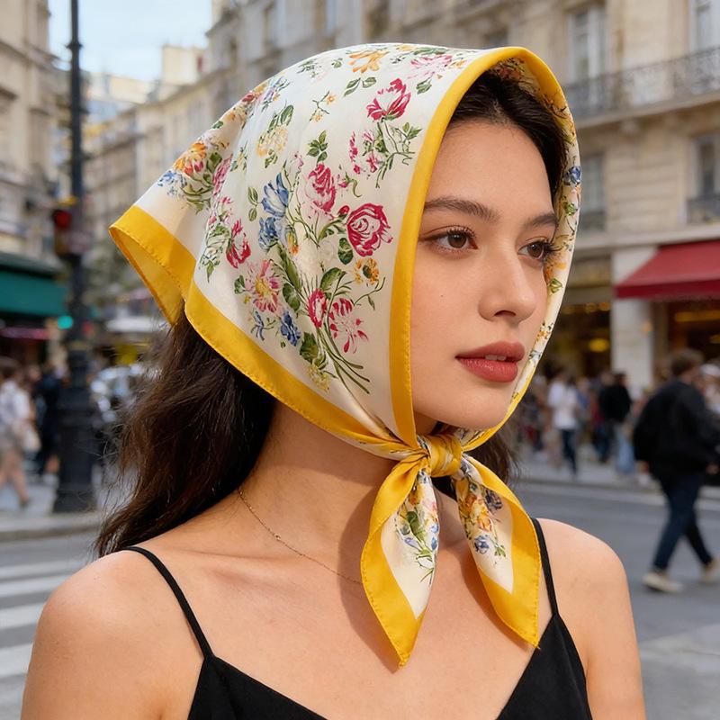 Silky Square Scarf Floral Print Headscarf Neck Scarf Bandana For Women Fashion Travel Daily Use