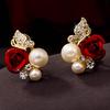 Elegant Women Lady Girls Red Rose Flower 8K Gold Plated Crystal Stud Earrings