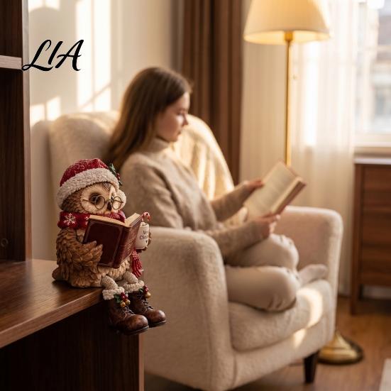 Small Desktop Ornament for Fireplace Reading Owl Figurine, Statue with Open Book Glasses Scarf and Boots, Decorative Figurine Christmas Sculpture Home