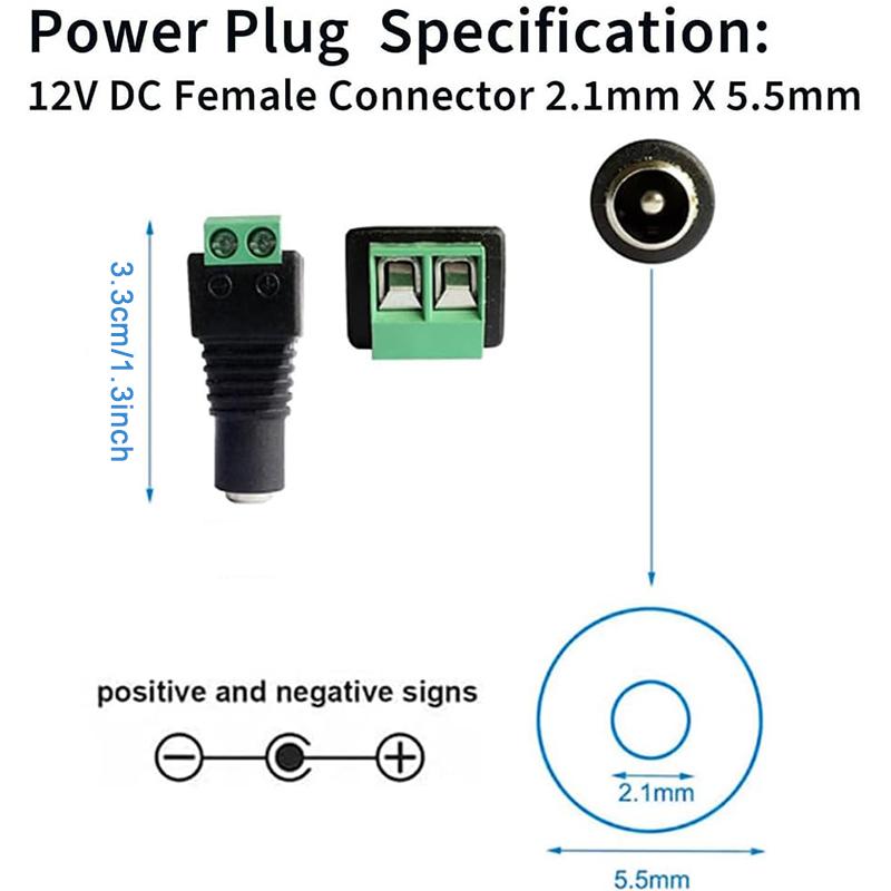 12V Power Connector 2.1mm X 5.5mm Plug Adapter DC Male Female Terminals For CCTV Cameras 5050 3528 Single Color LED Strp