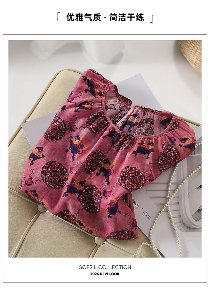 100% mulberry silk printed shirt for women's 2026 spring commuting versatile round neck silk top