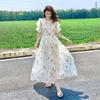 Romantic French Style Summer Dress with Delicate Floral Print Slim Drawstring Clothes for Women