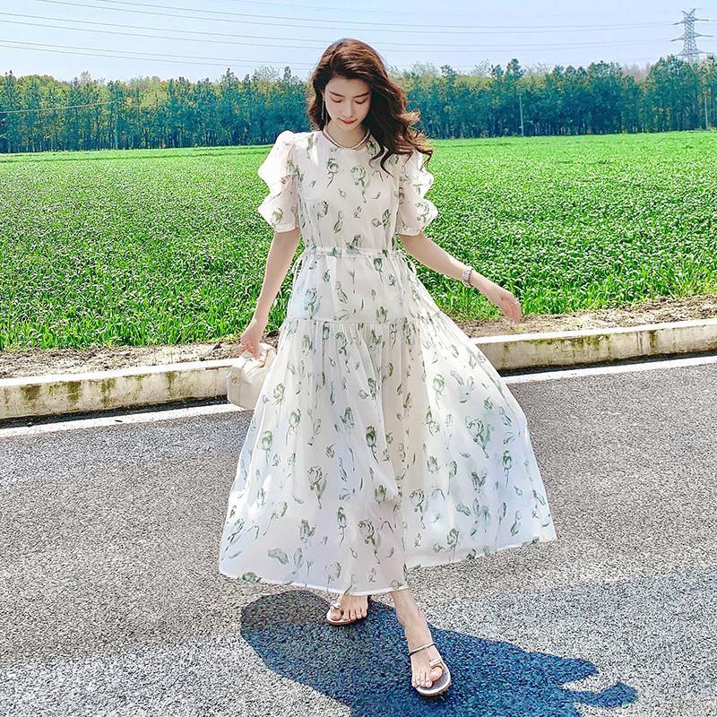 Romantic French Style Summer Dress with Delicate Floral Print Slim Drawstring Clothes for Women
