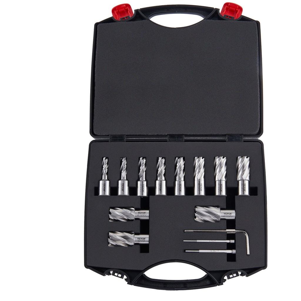 Annular Cutter Set, 13 pcs Weldon Shank Mag Drill Bits, 1" Cutting Depth, 7/16" to 1-1/16" Cutting Diameter, M2AL HSS, 2 Pilot Pins, Hex Wrench and