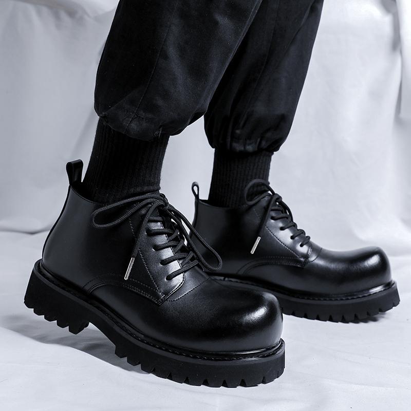 Spring and Autumn British Style Mid Cut Boots High Quality New Style Thick Bottom Lace Up Ankle Boots Brand Black High Top Boots