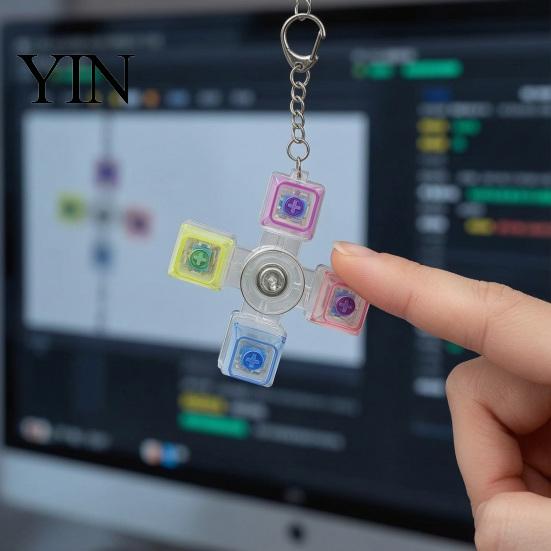 Glowing Fidget Spinner 4-Keys Keyboard Toy, LED Light-up with Keychain, Stress Relief Push Button Finger Clicker Pendant Compact Reliever