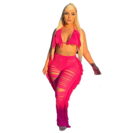 Женский укороченный топ и брюки из 2 шт./компл., комплект с бретелькой на шее и шнуровкой, пляжный бюстгальтер для отпуска, высокий