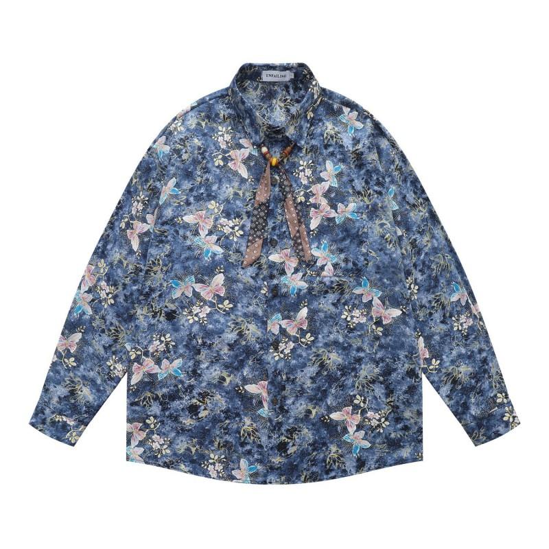 American Vintage Blue Butterfly Floral Print Long Sleeve Shirt Unisex Casual Loose Fit Button Up Blouse