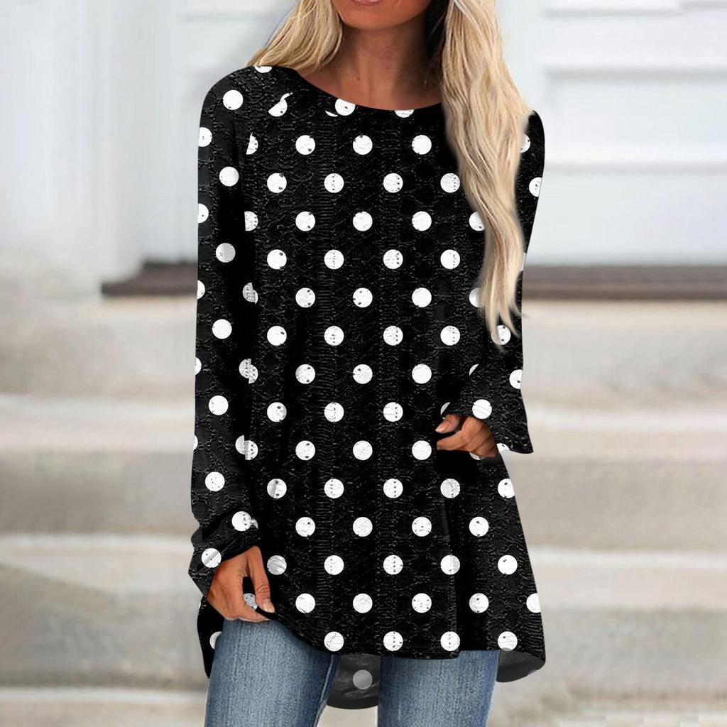 Womens Tops Round Neck Long Sleeve Blouses Casual Mid-length Shirts Fashion Print Tunic Tops