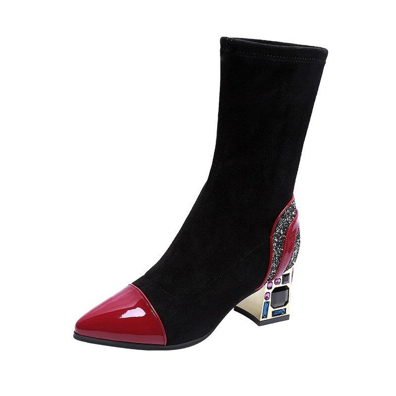 Модные высокие сапоги с острым носком, новые роскошные короткие сапоги на квадратном каблуке со стразами, зимняя обувь, черная женская обувь