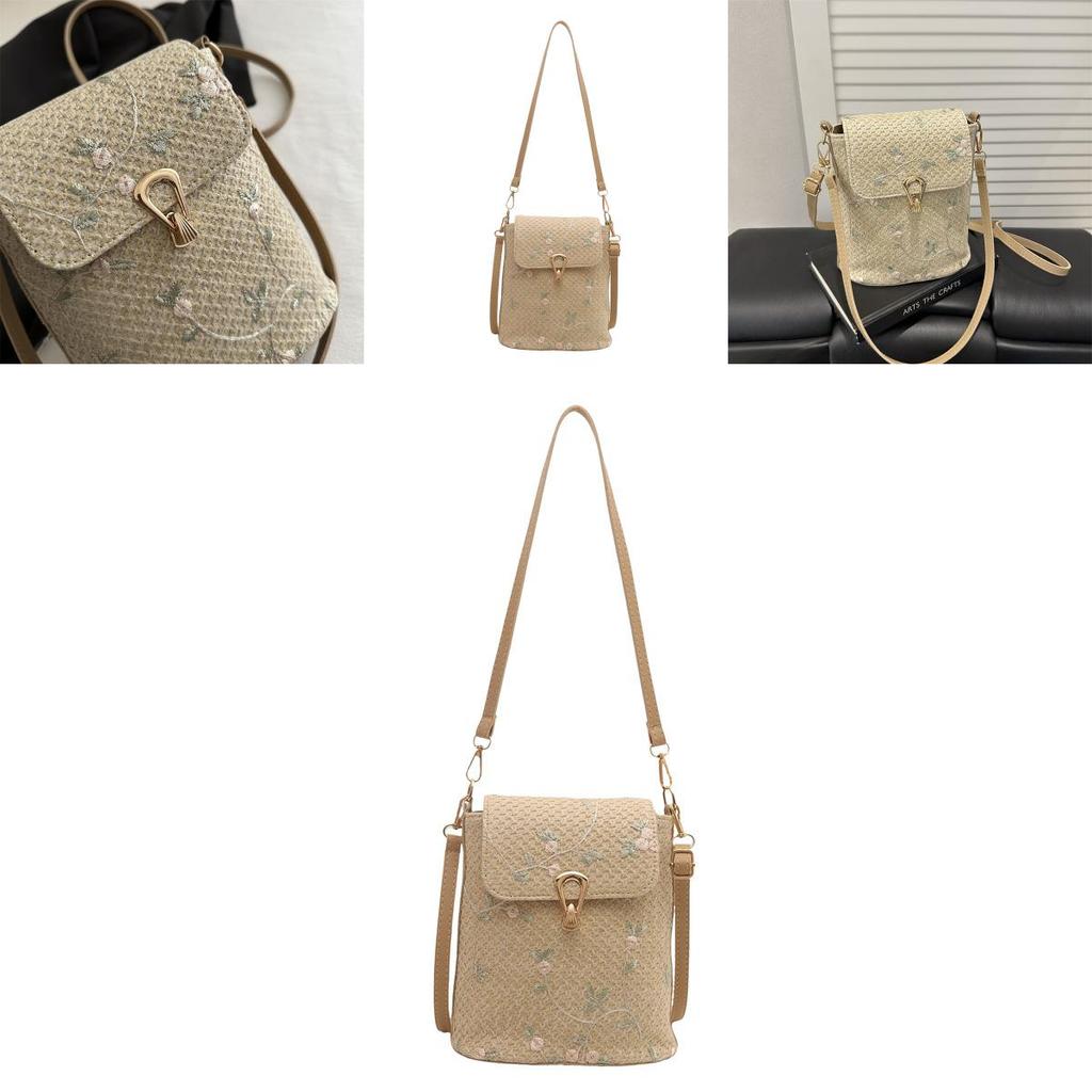 Summer Straw Weave Bucket Bag With Lace Flowers For Casual Daily Use