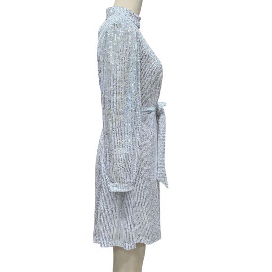 Женское платье со шнуровкой и блестками, короткое платье с круглым вырезом и длинными рукавами, однотонное весенне-осеннее платье с поясом на талии для вечеринок, свадеб, клубов, баров