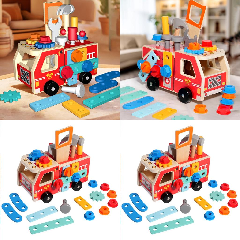 Educational Wooden Fire Engine Building Set For Childrens Cognitive Skills Development