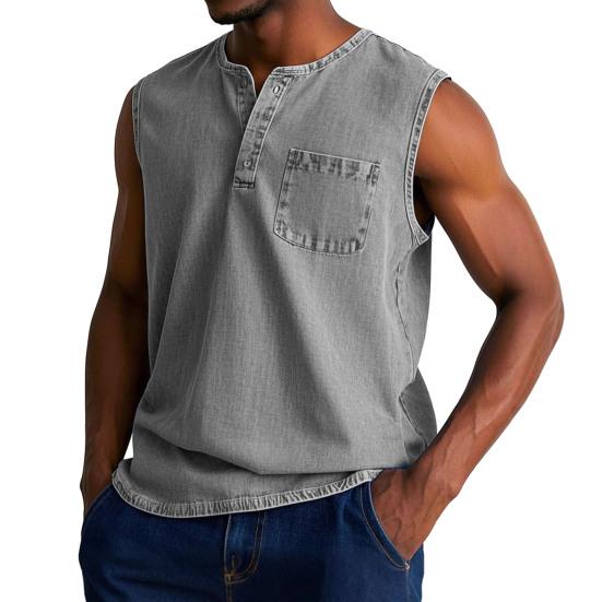 Men Tops Sleeveless Round Neck Buttons Half Placket Solid Color Camisole