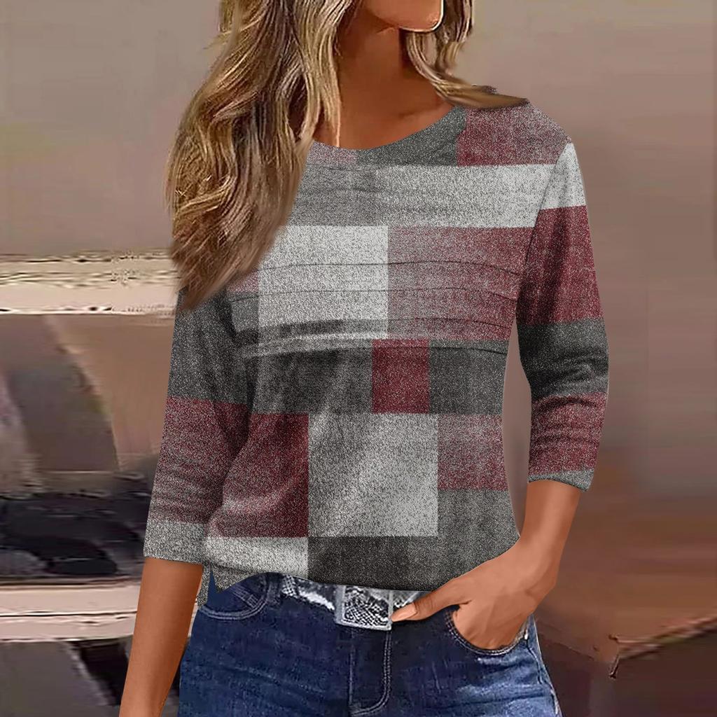 Женская мода повседневный свободный топ с рукавом 3/4 в полоску с круглым вырезом