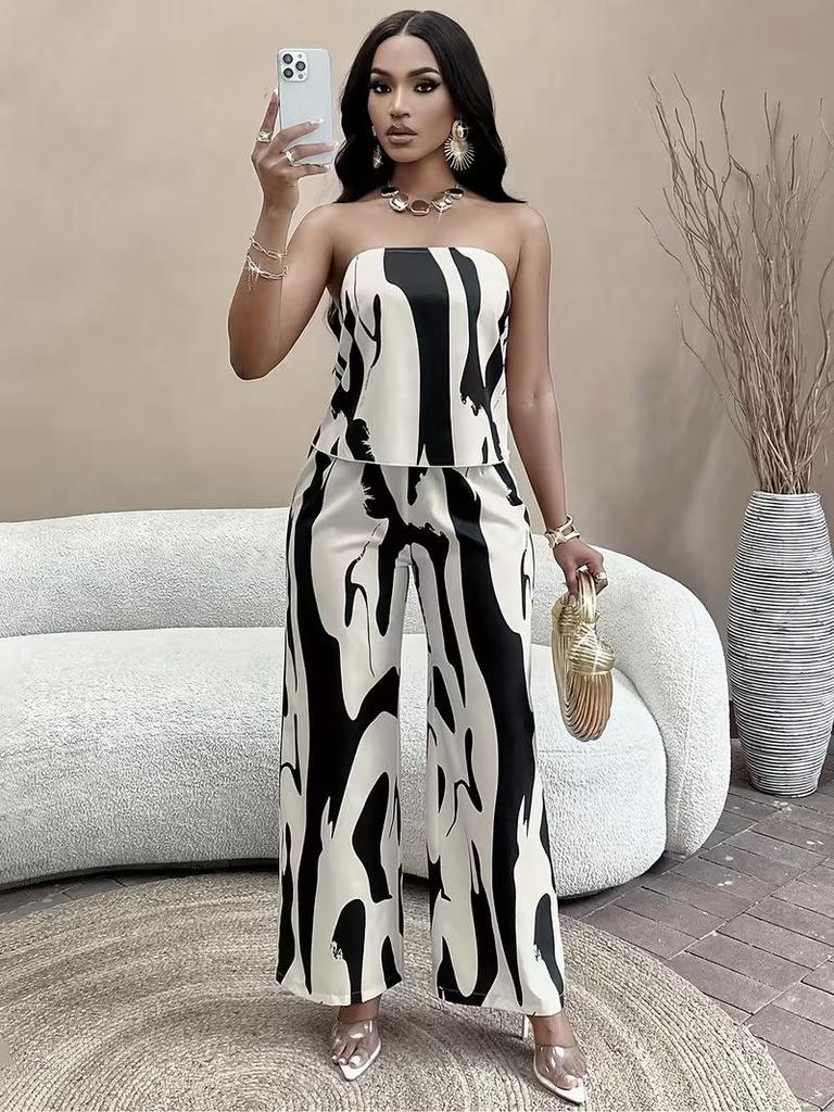 Summer 2026 Women's Printed Strapless Backless Top and Wide-Leg Pants Set