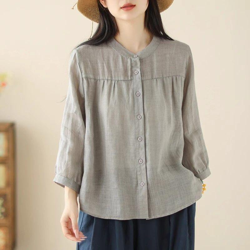 Artistic Retro Spring and Summer New Versatile Loose Slimming Cotton and Linen Cardigan Top Seven Quarter Sleeved Shirt Women's Clothing