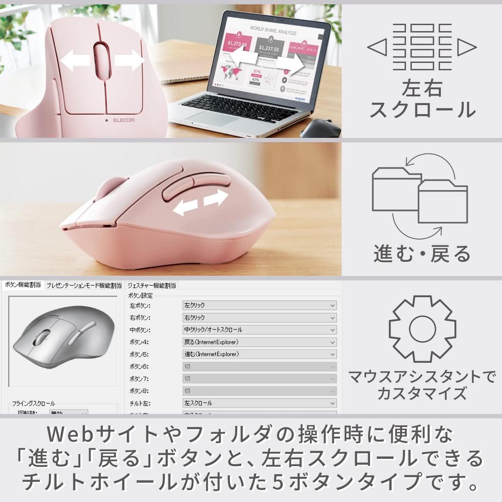 ELECOM Wireless Mouse SHELLPHA 5 Buttons Tilt Mouse, Bluetooth, Quiet, Antibacterial, + Wheel, Pink, M-SH30BBSKPN