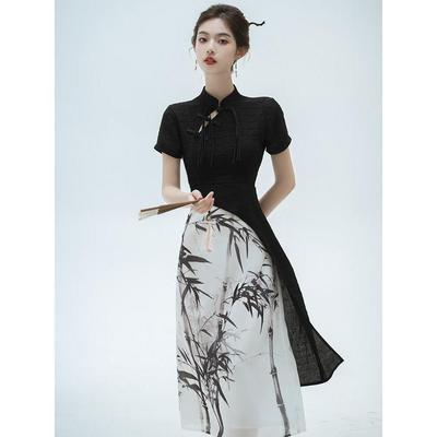 Летнее усовершенствованное женское платье Cheongsam в китайском стиле с черной тушью и рисунком