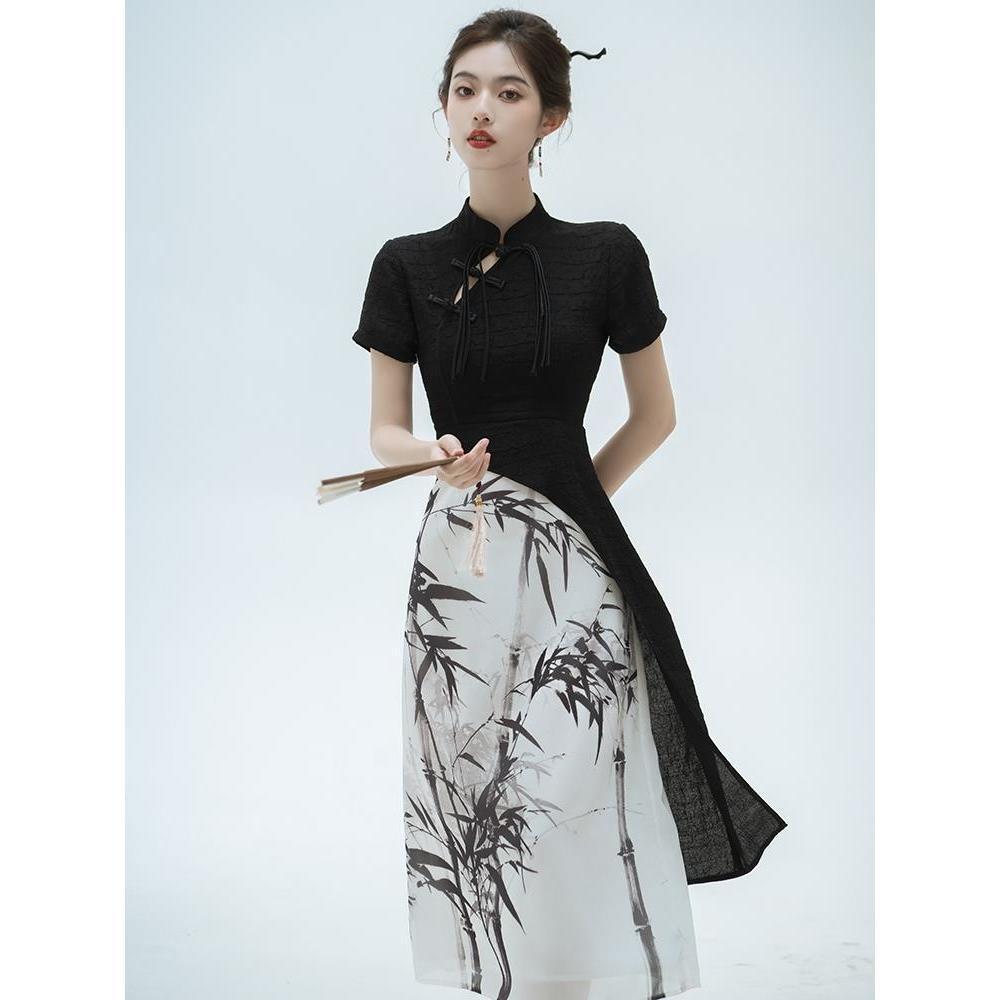 Летнее усовершенствованное женское платье Cheongsam в китайском стиле с черной тушью и рисунком