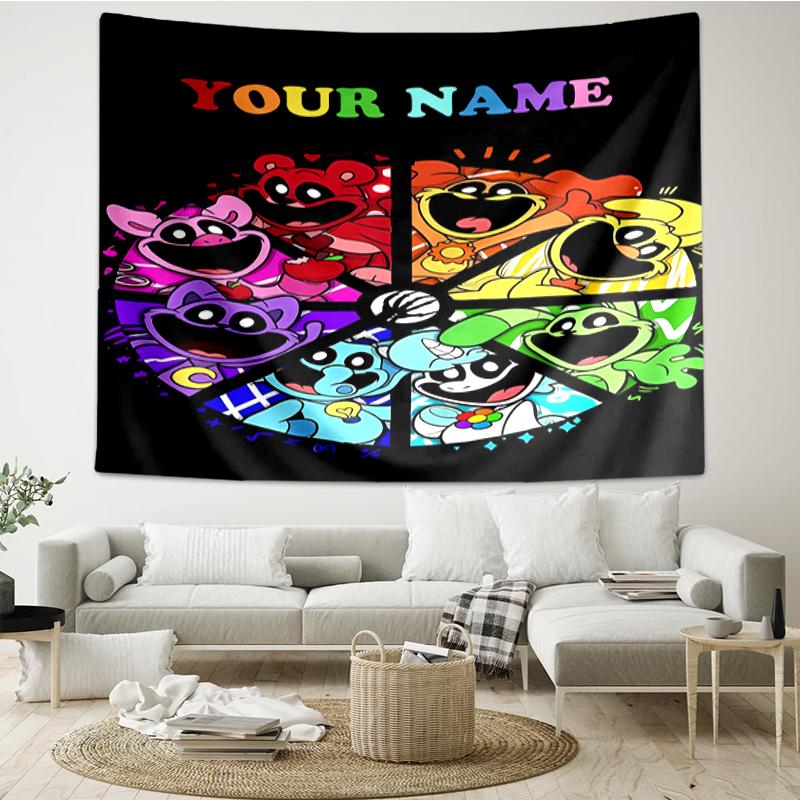 Custom Name Smiling Critters Print Tapestry, Backdrop, Easy Setup, Ideal for Bedroom, Office & Living Room, with Aesthetic Wall Hanging Decor.