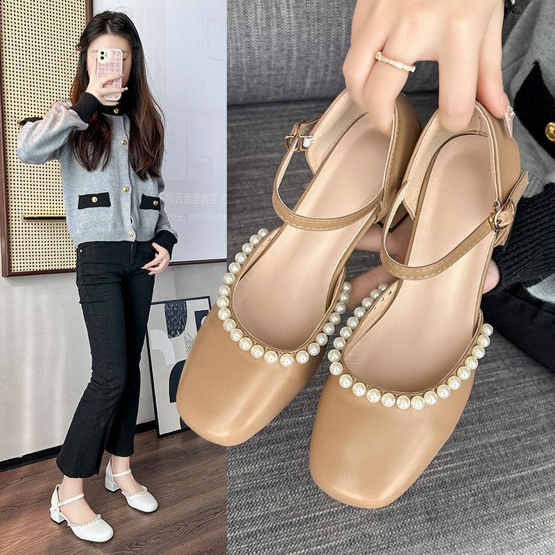 Босоножки Baotou женские весна 2024 новые туфли в стиле феи с одной пуговицей на среднем каблуке толстые каблуки высокие каблуки