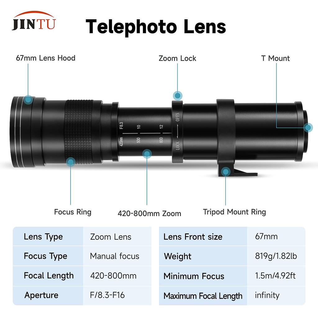 JINTU HD Manual Focus Telephoto Zoom Lens for Nikon SLR Digital Camera Lens D5600 D5500 D5300 D5200 D5100 D780 D800 D3500 D3400 D3300 D3100 D3200