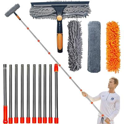 Очиститель окон 2-в-1 со скребком и пыльником, вылет более 6 м - Вращающийся инструмент с телескопической штангой 0,9-4,2 м, для окон и автомобильных стекол