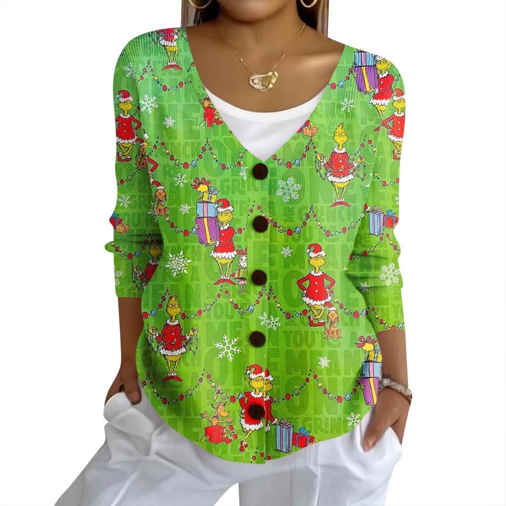 Women's Fashion Casual Knit Sweater Button-Up Christmas Print Cardigan Jacket