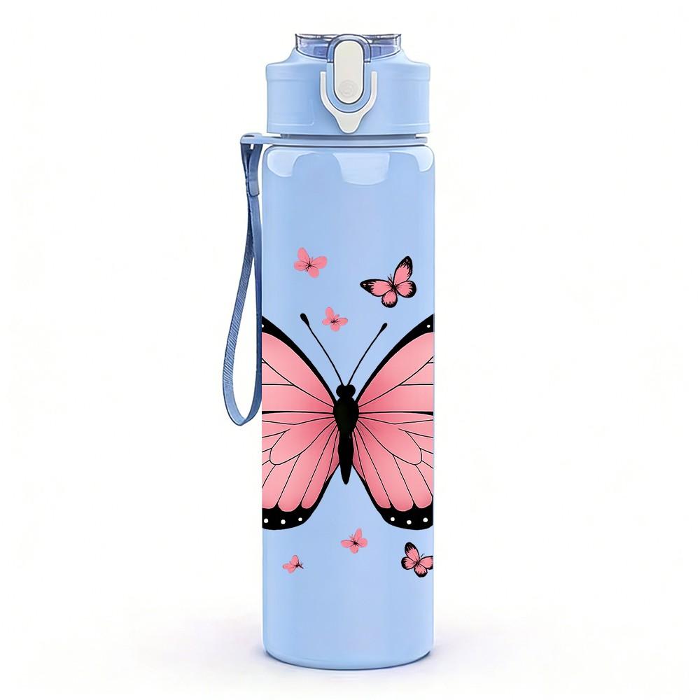 1PC Pink Butterfly Floral Art 750ml Color Plastic Sports Water Bottle Leakproof Flip Straw Lid Suitable for Sports Office Home Use