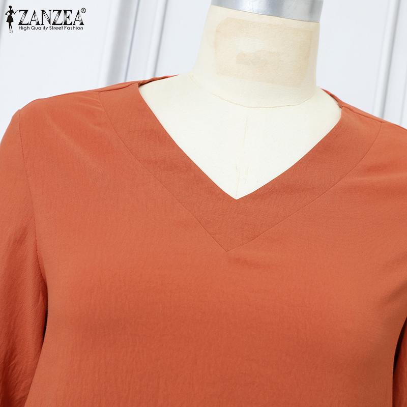 ZANZEA Женская повседневная однотонная свободная блузка с V-образным вырезом и длинным рукавом