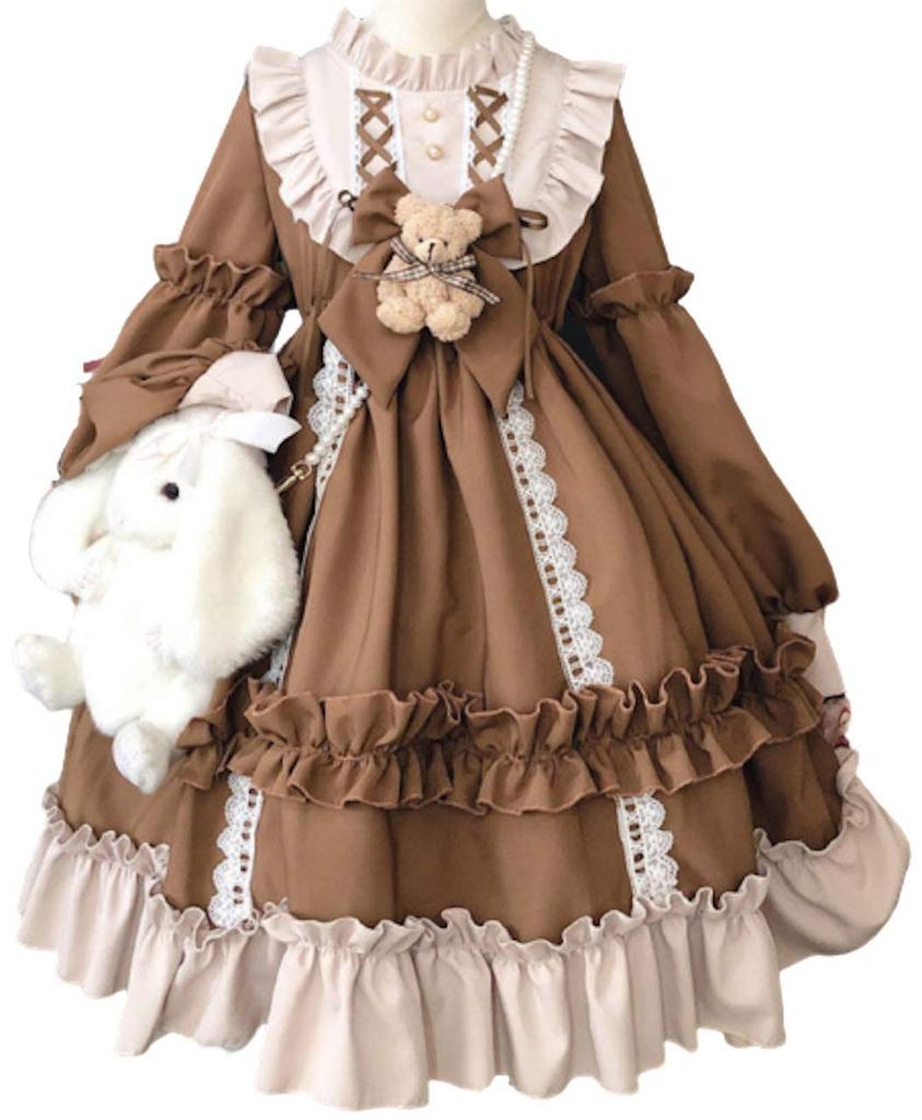 Lolita Long Sleeve Dress Teddy Bear One Piece Bear Knee Length [Lady Lazy] (Brown, M)