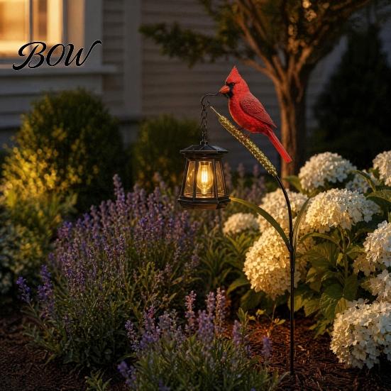 Outdoor Cemetery Lantern Metal Red Bird Garden Stake Lamp, Vintage for Yard Patio, Candle Lamp Rustic Ornament, Decorative Tribute Light