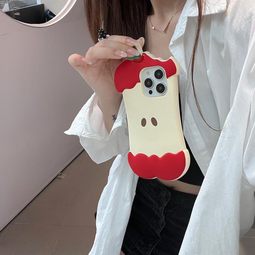 For iPhone 15 Pro Silicone Case Cute Eaten Apple Design Shockproof Phone Back Cover