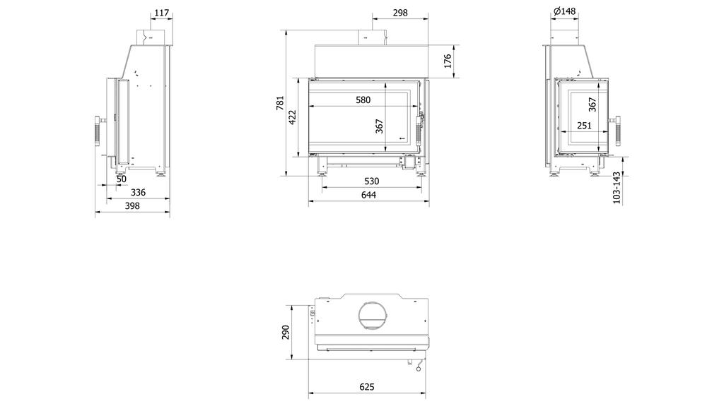 Стальной камин KRATKI SIMPLE левый 6 кВт Ø 150