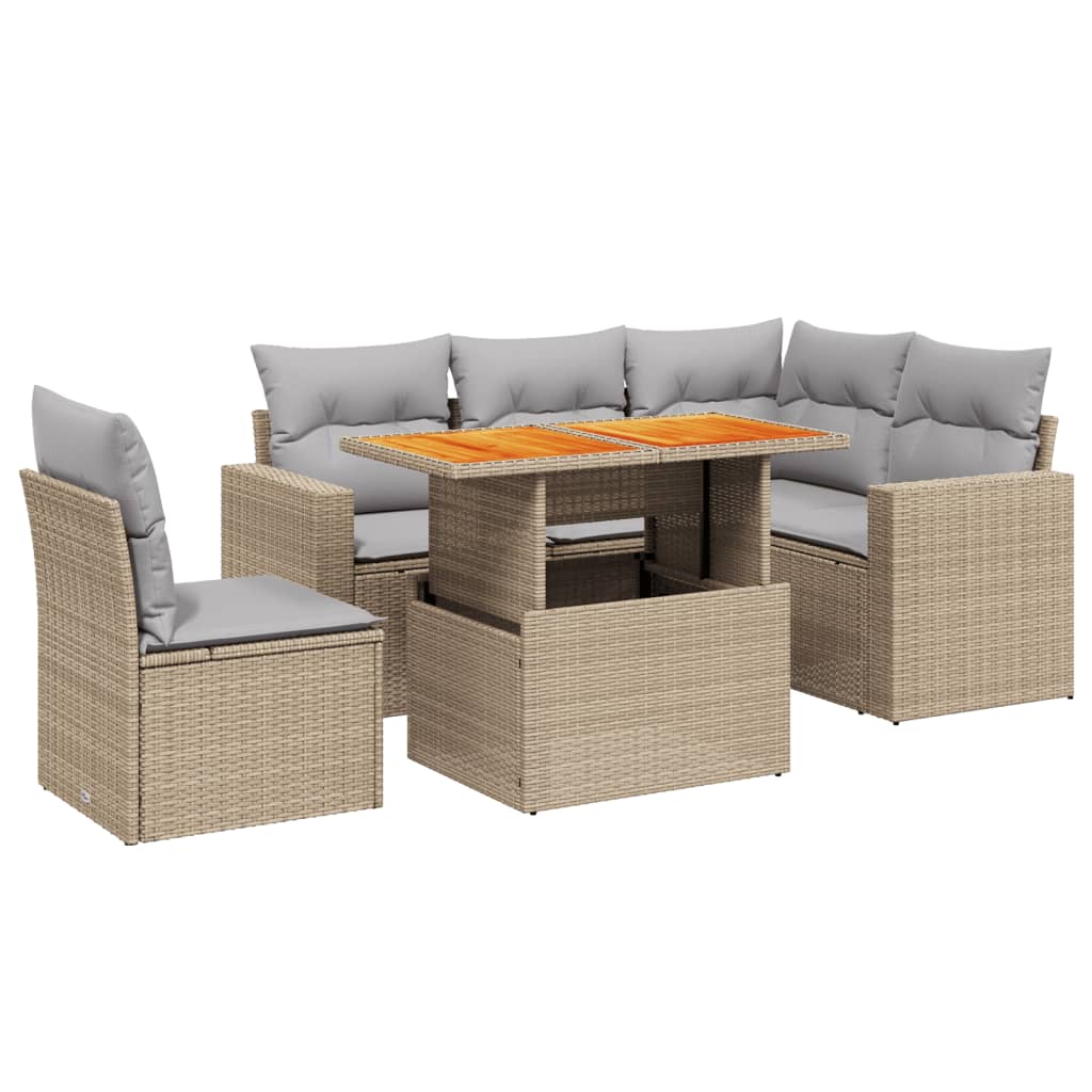 6 piece garden sofa set with cushions beige poly rattan