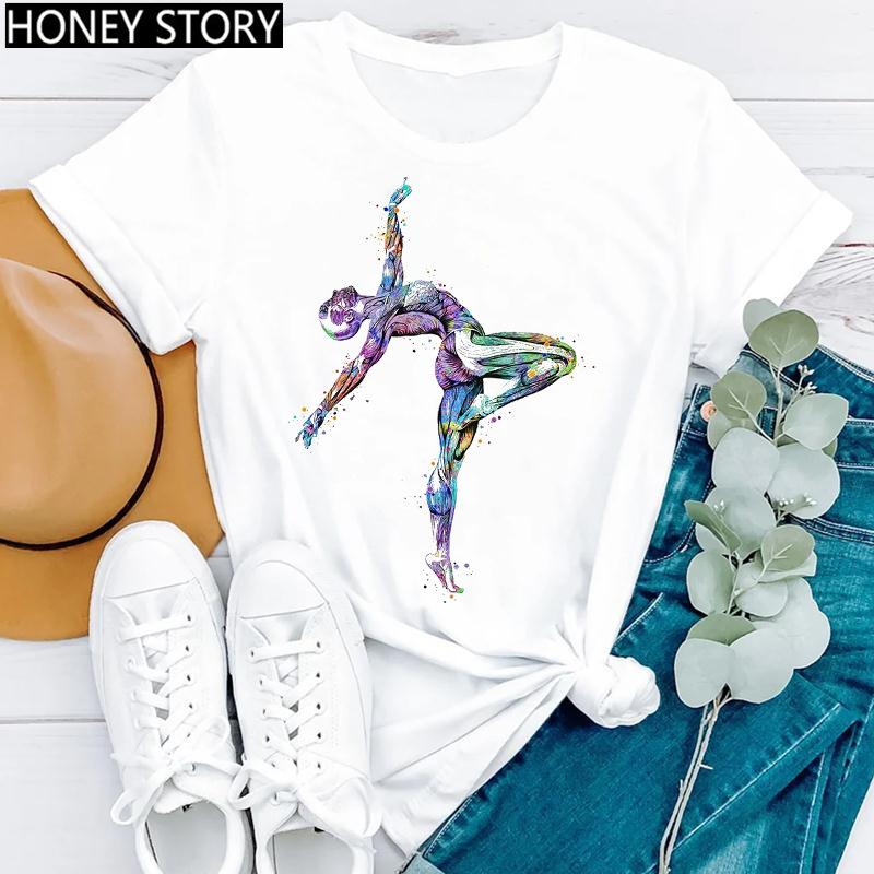 Watercolor Dance Gymnastics Print round Neck Casual T-shirt Short Sleeve Creative Fashion Summer Polyester Blend polyester fabri