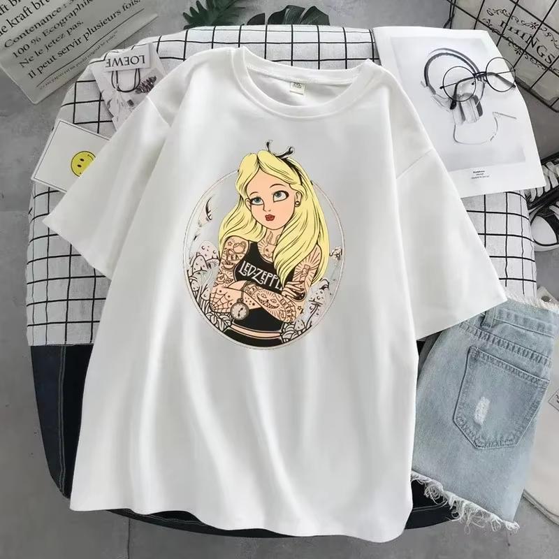 Princess Printed Alice in Wonderland ParentChild Top Black Alice Unisex Cotton Short Sleeve TShirt Unisex Women Loose Top