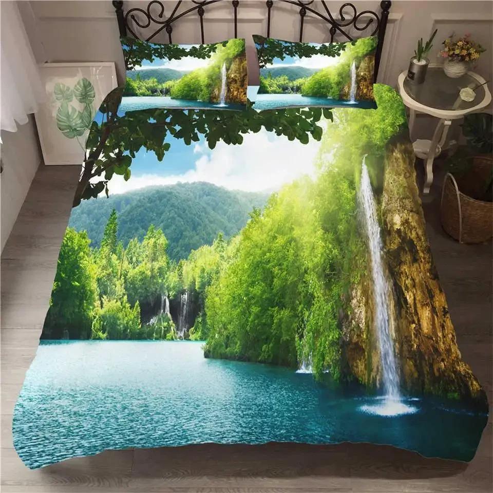 3D Print Waterfall Forest Landscape Bedding Set Nature Scenery Duvet Cover and Pillowcase Set for Adults Bedroom Decor