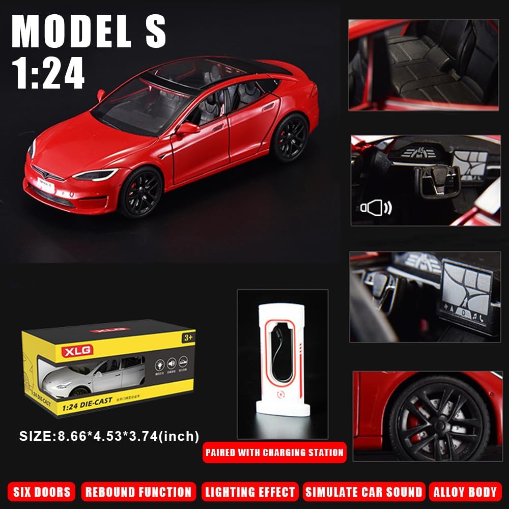 1/24 Scale Diecast Vehicle for Tesla Model S Model Car with Charging Station Collectible Sound Light Toy