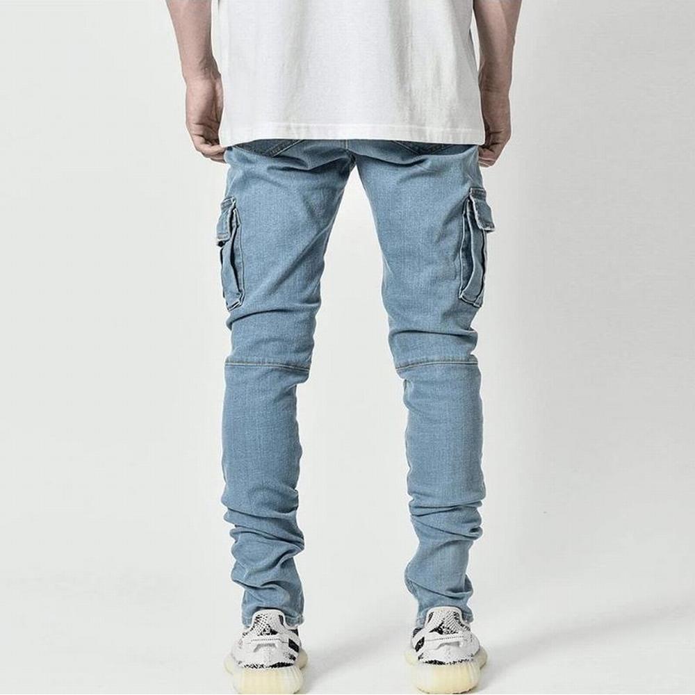 RogueWave Street Elastic Jeans Men Denim Cargo Pants Wash Solid Color Multi Pockets Casual Mid Waist Trousers Slim Fit Daily Wear Joggers