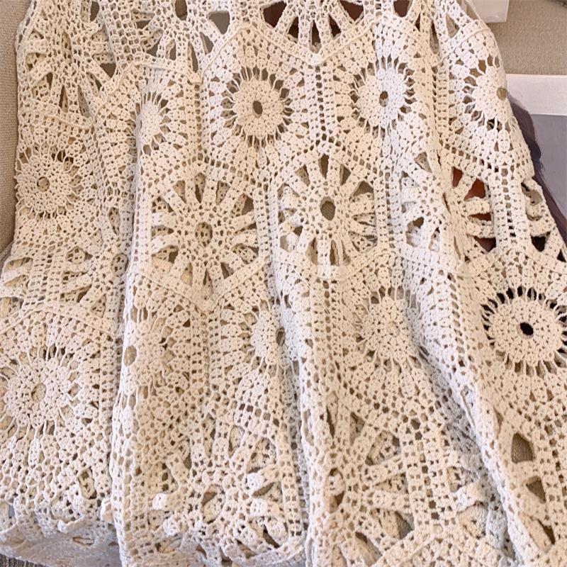 Women Knitting Lace Long Hollow Out Vest O-Neck Summer Tops Tees Loose Basic Beachwear Covers