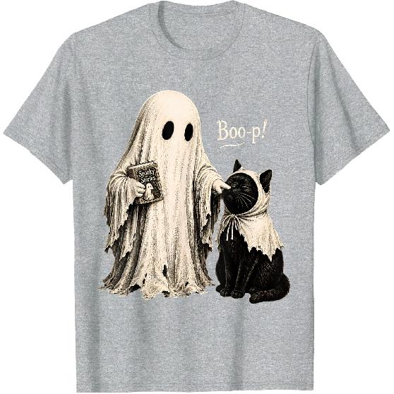 Vintage Halloween Spooky Book Ghost with Black Cat Boo-p T-Shirt