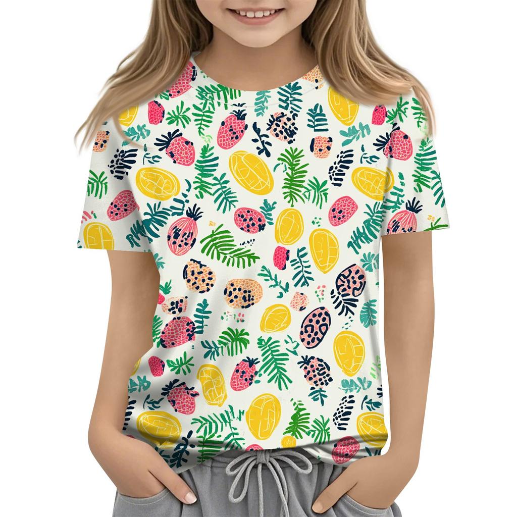 Children's Fashion Casual Short Sleeve Plant Printed Round Neck T-Shirt Top