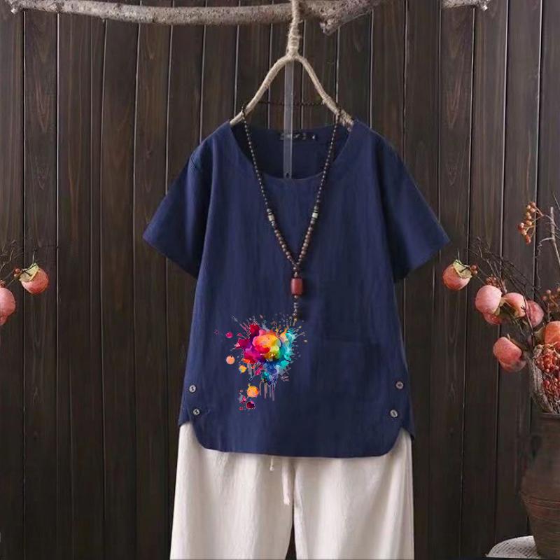 Женская летняя льняная рубашка, футболка с ретро-графикой, короткий рукав, круглый вырез, S-4XL